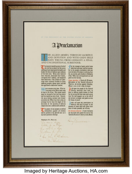 Harry S Truman V-E Day Proclamation Signed as President and Inscribed to White House Chief of Staff John Steelman on Christmas Day