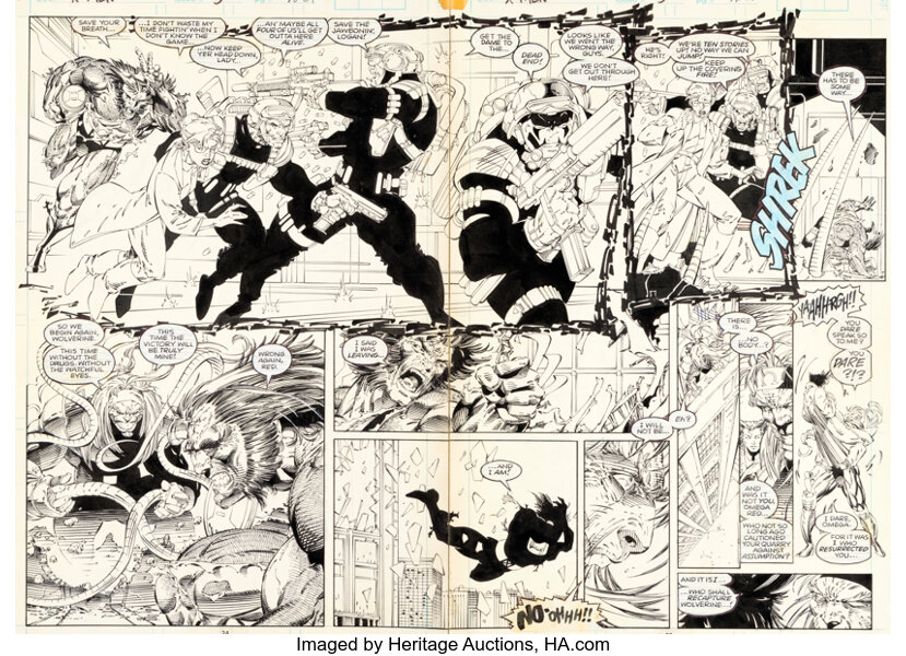 Jim Lee and Art Thibert X-Men #5 Double Page Spread 18-19 Original Art (Marvel, 1992)