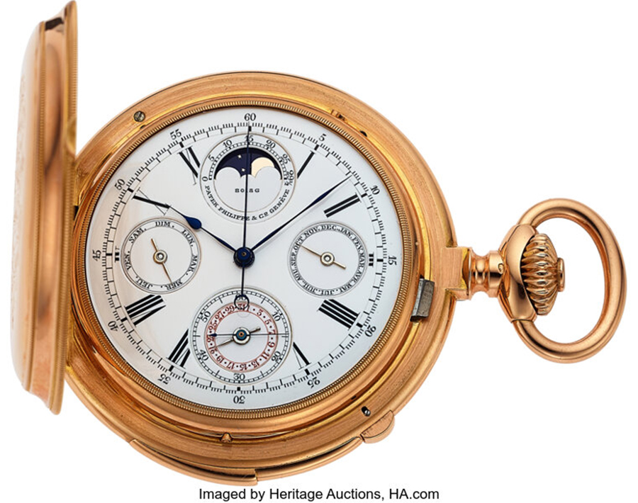Patek Philippe & Co., Rare and Important Gold Minute Repeater Pocket Watch With Chronograph, Perpetual Calendar And Moon Phases, Circa 1889