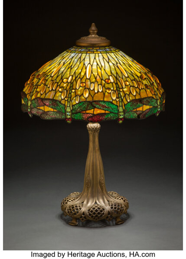 Tiffany Studios Leaded Glass and Gilt Bronze Drophead Dragonfly Table Lamp, circa 1910