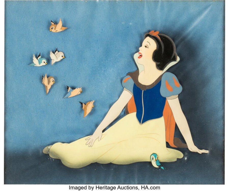 Snow White and the Seven Dwarfs Snow White and Birds Production Cel Courvoisier Setup (Walt Disney, 1937)