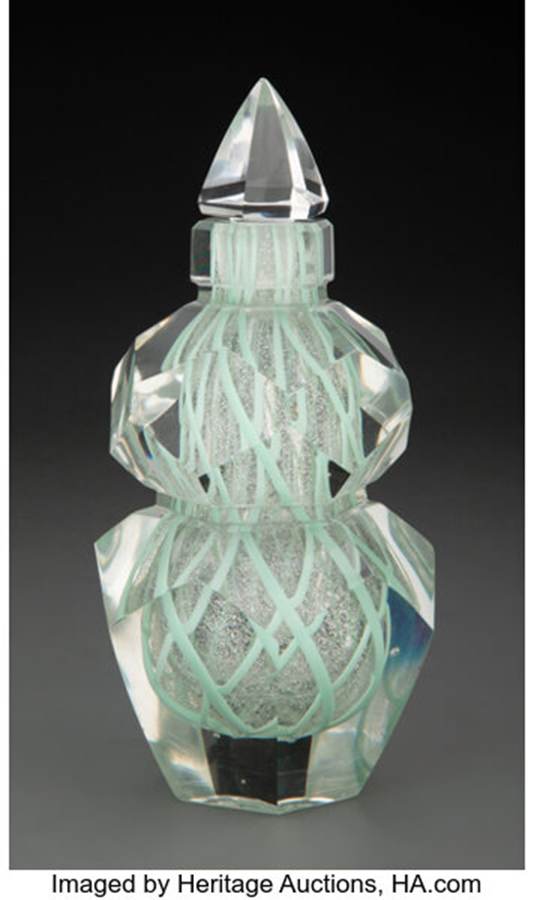Exceptional Steuben Cut Green Cintra Glass Paperweight Cologne with Mica Inclusions, circa 1930
