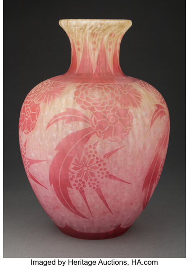 Large Steuben Gold Ruby Over Brown and Rose Cluthra Glass Cliffwood Vase, circa 1930