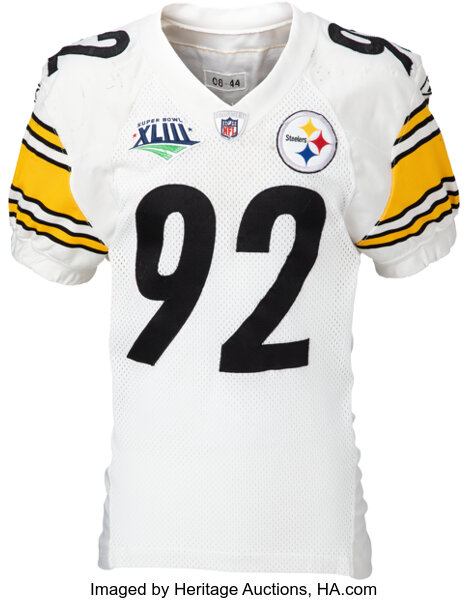 2009 James Harrison Super Bowl XLIII "Immaculate Interception" Game Worn Pittsburgh Steelers Jersey with Multiple Photo Matches from The James Harrison Collection.