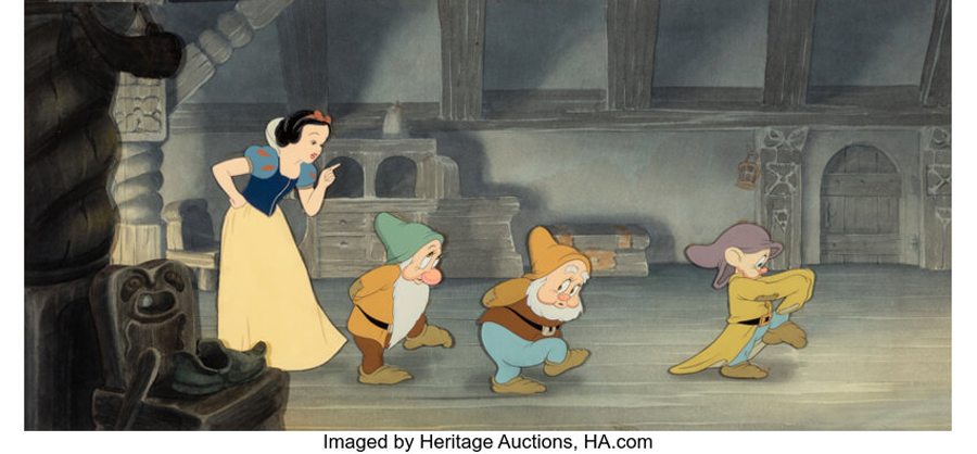 Steamboat Willie Mickey and Minnie Mouse Animation Drawings Snow White and the Seven Dwarfs Snow White, Bashful, Happy and Dopey Production Cel on Master Pan Production Background (Walt Disney, 1937)Ub Iwerks Group of 2 (Walt Disney, 1928)