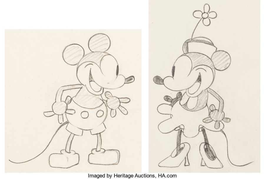 Steamboat Willie Mickey and Minnie Mouse Animation Drawings by Ub Iwerks Group of 2 (Walt Disney, 1928)