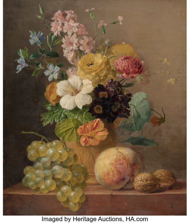 Arnoldus Bloemers (Dutch, 1786-1844) Still life with flowers, fruit, and walnuts