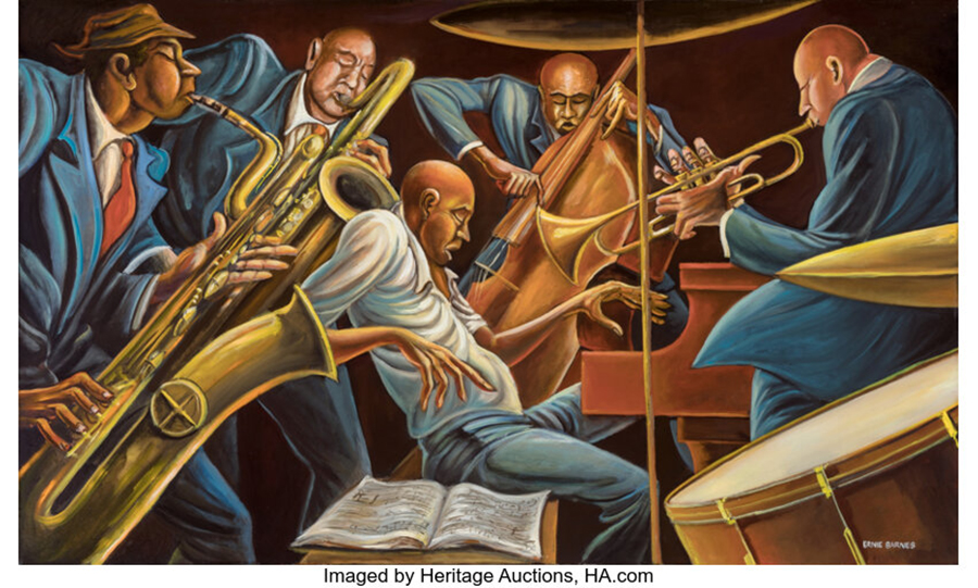 Ernie Barnes (American, 1938-2009) Quintet circa 1989