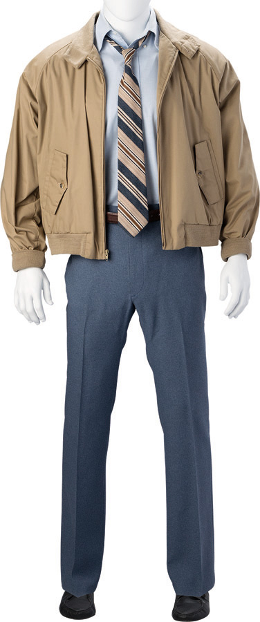 Ed O'Neill "Al Bundy" Signature Tan Windbreaker, Oxford Dress Shirt and Striped Necktie, Dress Trousers, and Leather Walking Shoes from Married with Children (Fox TV, 1987-1997).