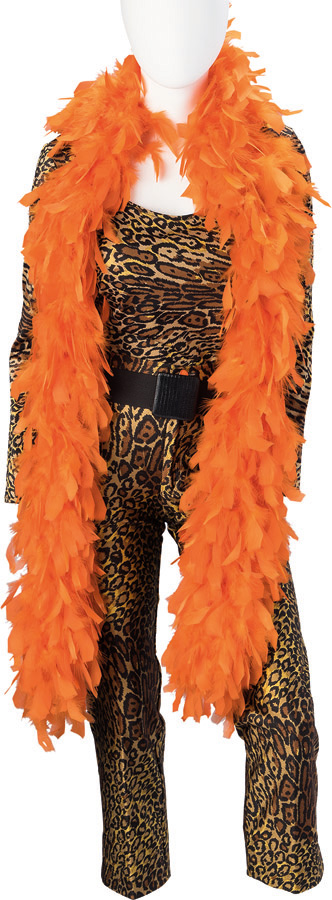 Katey Sagal "Peg Bundy" Leopard Print Stretch Blouse and Leggings, Cloth Belt, and Feather Boa from Married with Children (Fox TV, 1987-1997). 