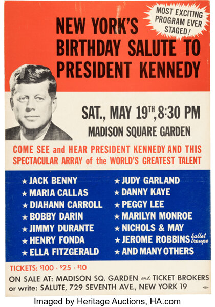 John F. Kennedy, Marilyn Monroe 1962 Happy Birthday, Mr. President MSG New York Advertising Poster