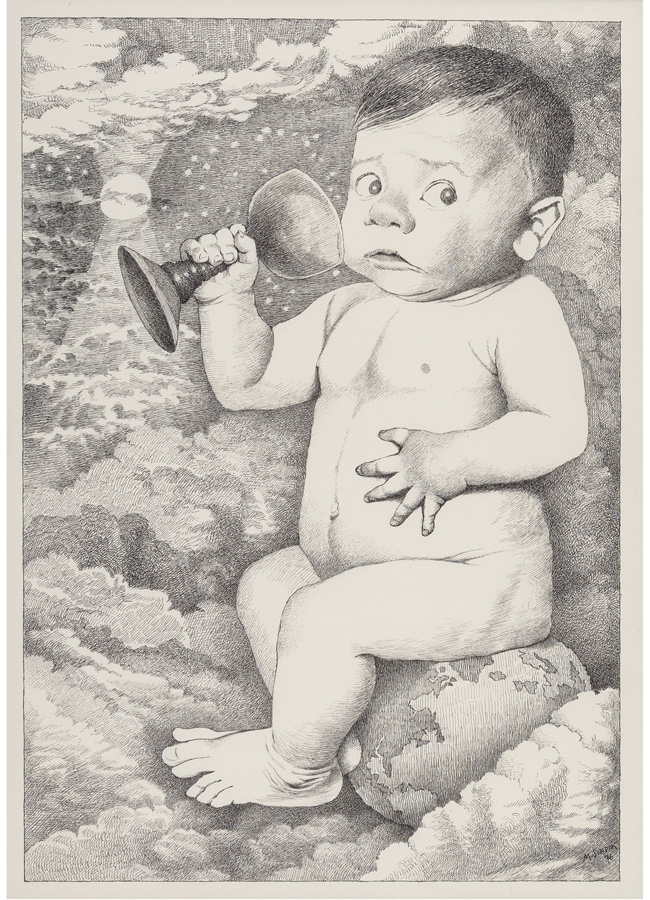 Maurice Sendak (American, 1928-2012) New Year's Baby on Globe, The New York Times editorial interior illustration, 1976
