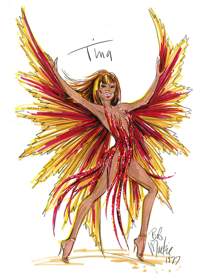 Sketch-of-Flame-dress-for-Tina-Turner-by-Bob-Mackie,-1977.-Original-Artwork-by-Costume-and-Fashion-Designer,-Bob-Mackie
